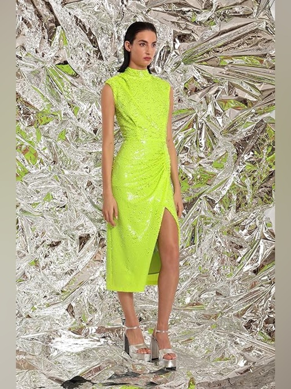 NWT DONNA MORGAN Sequin Mock Neck Midi Dress | Safety Yellow